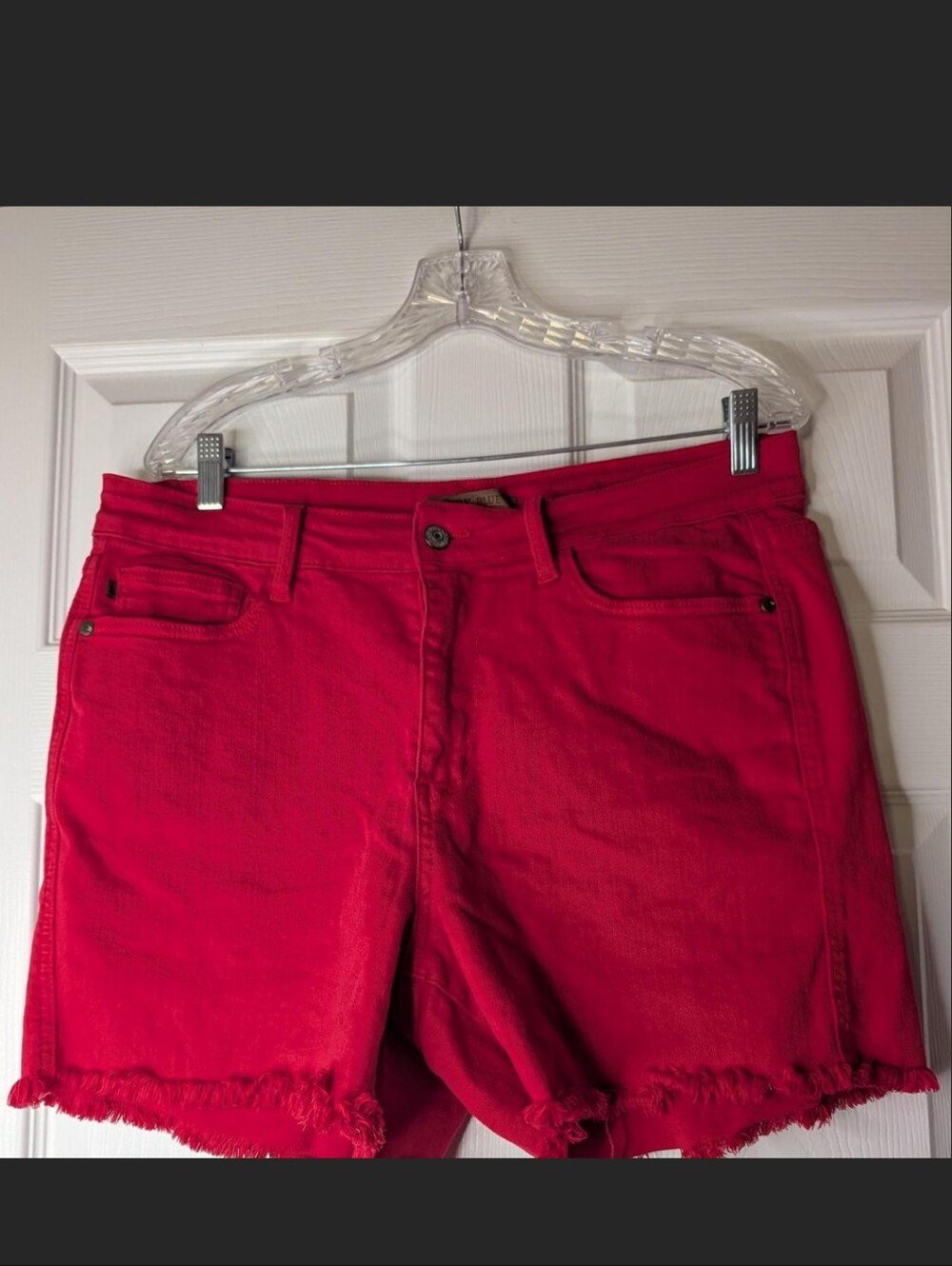 Judy Blue Red Denim Shorts 1XL Raw Frayed Hem Stretch Cutoffs